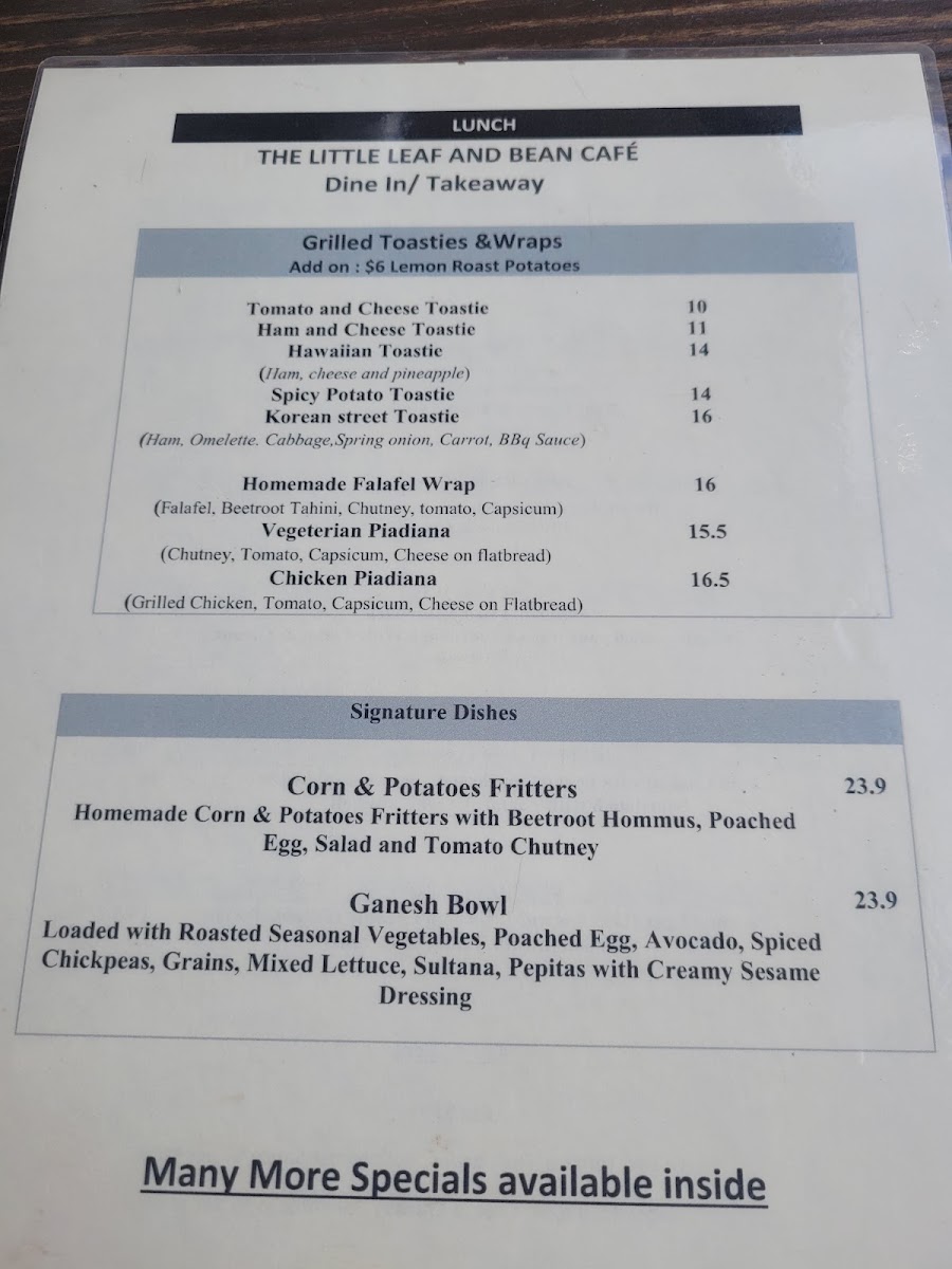 The Little Leaf & Bean Cafe menu board