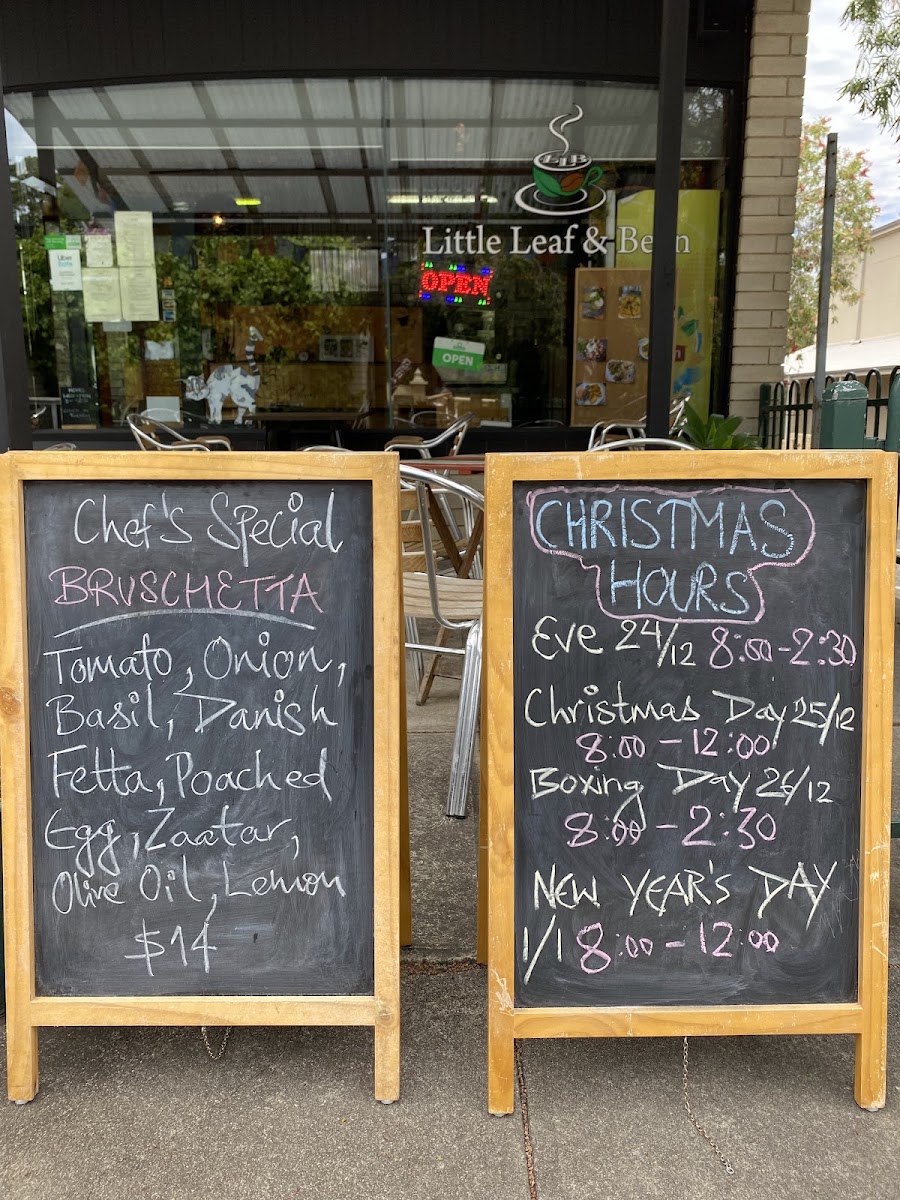 The Little Leaf & Bean Cafe menu board