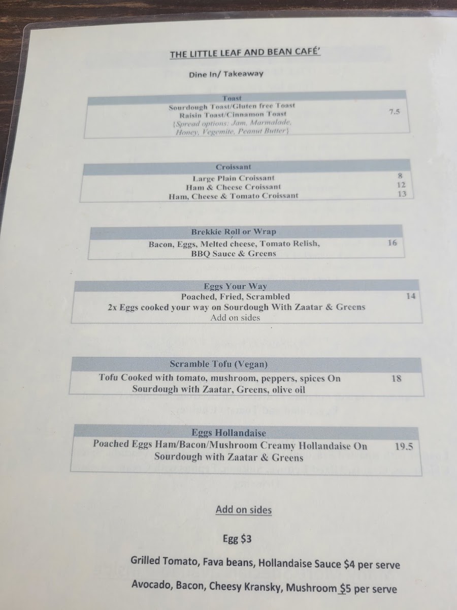 The Little Leaf & Bean Cafe menu board