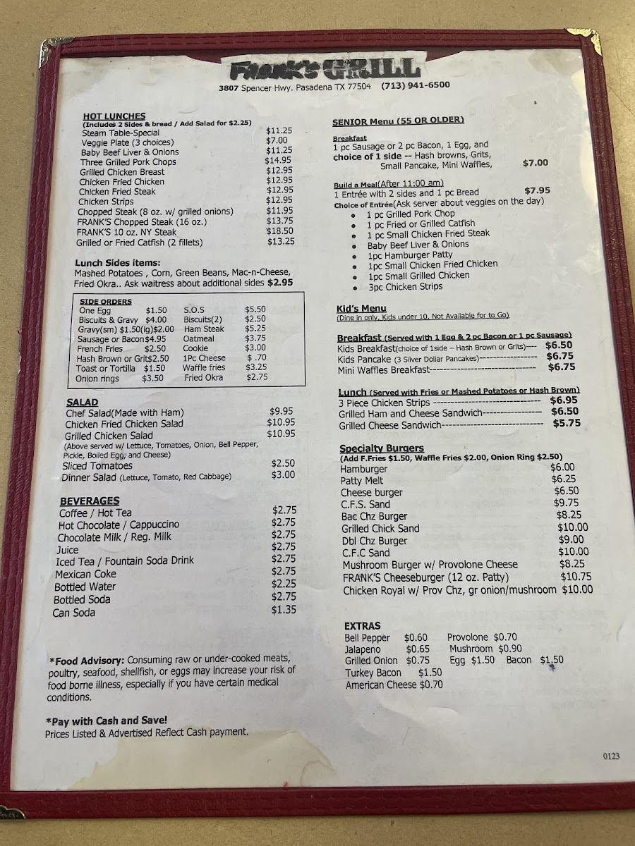 Frank's Grill menu board