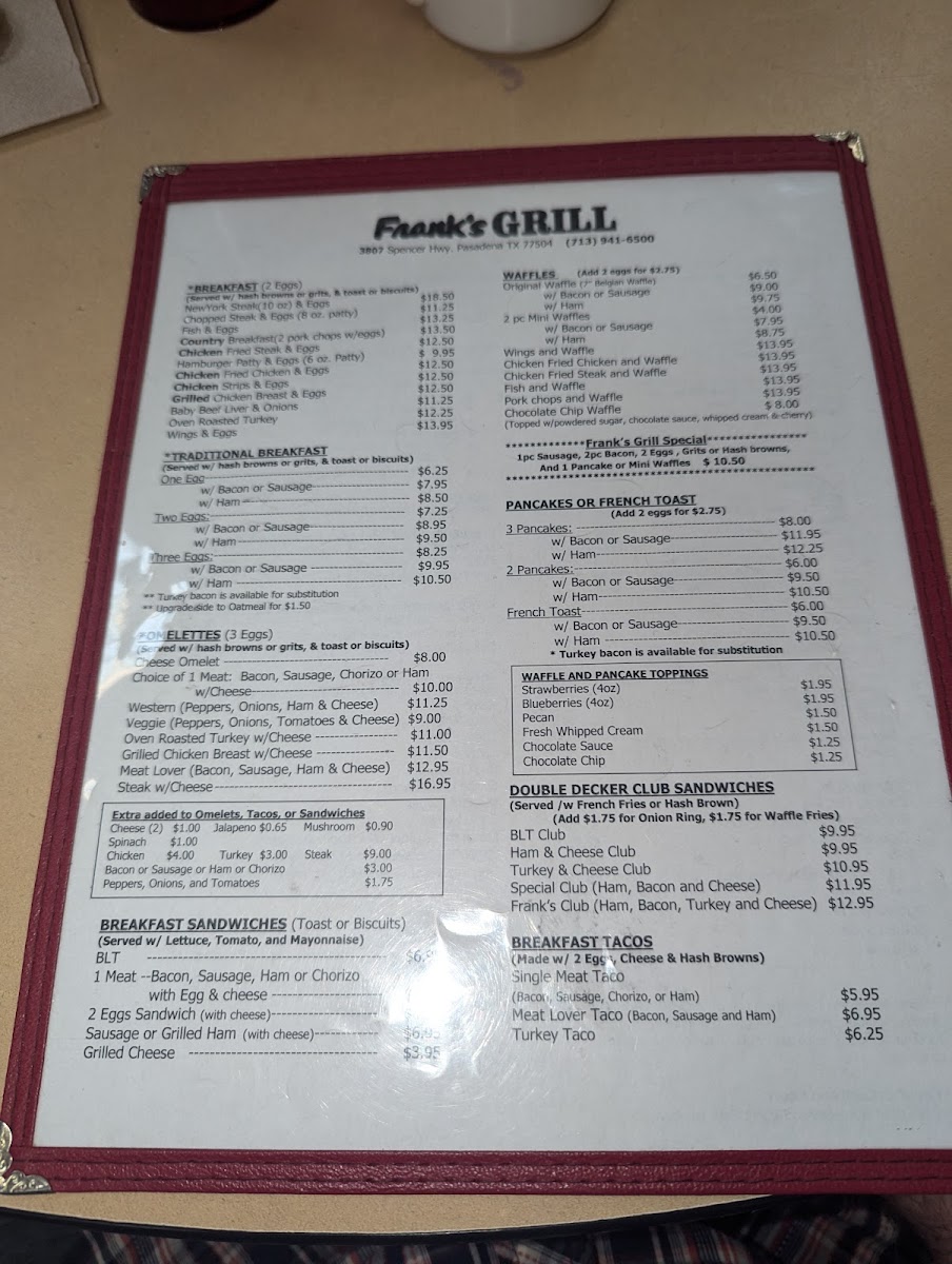 Frank's Grill menu board