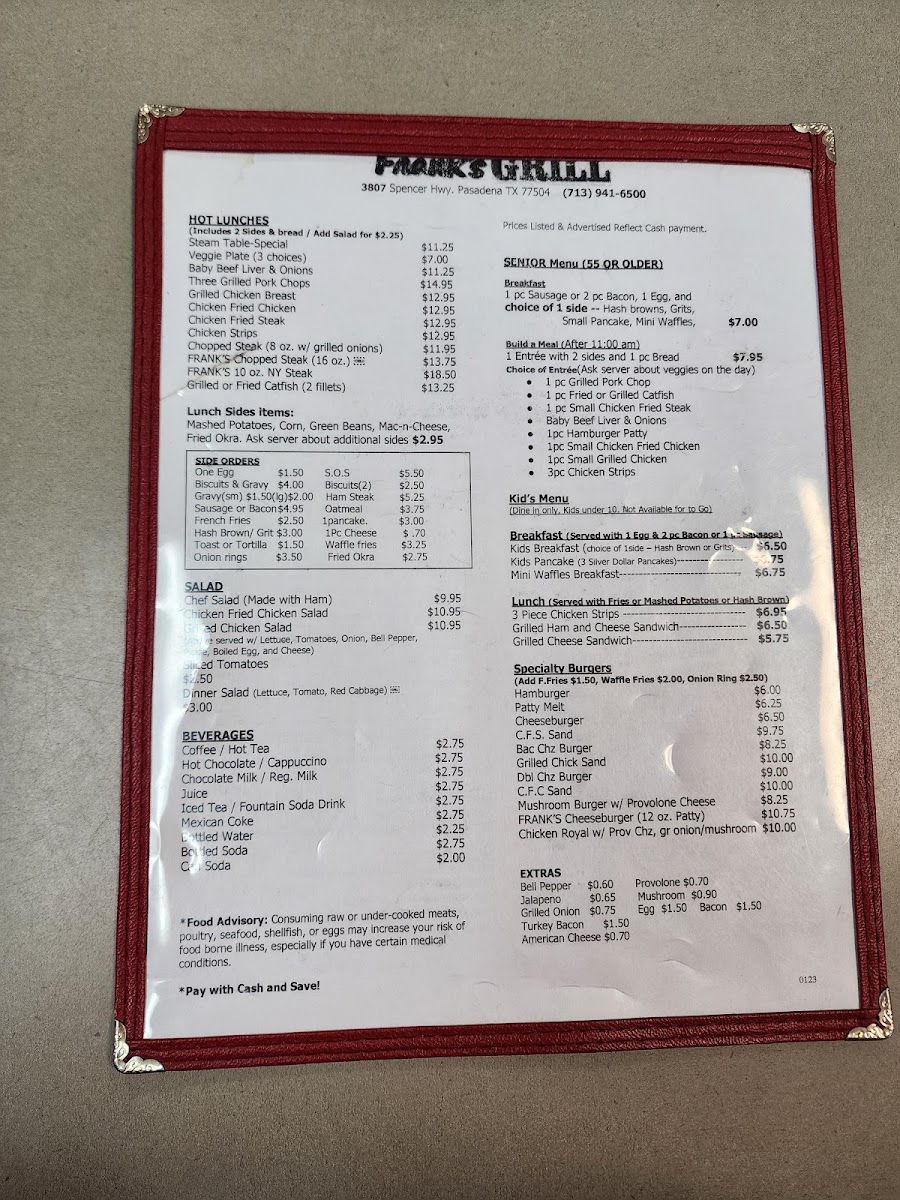 Frank's Grill menu board