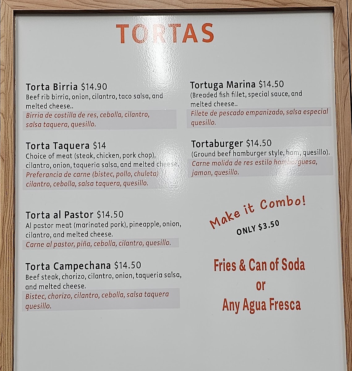Toortugas Mexican Torteria menu board