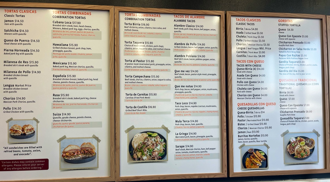 Toortugas Mexican Torteria menu board
