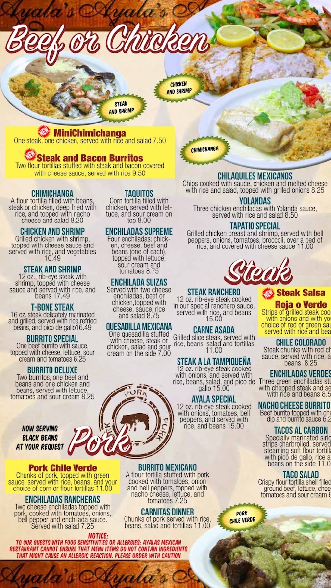 Ayala’s Grill Springcity. TN menu board