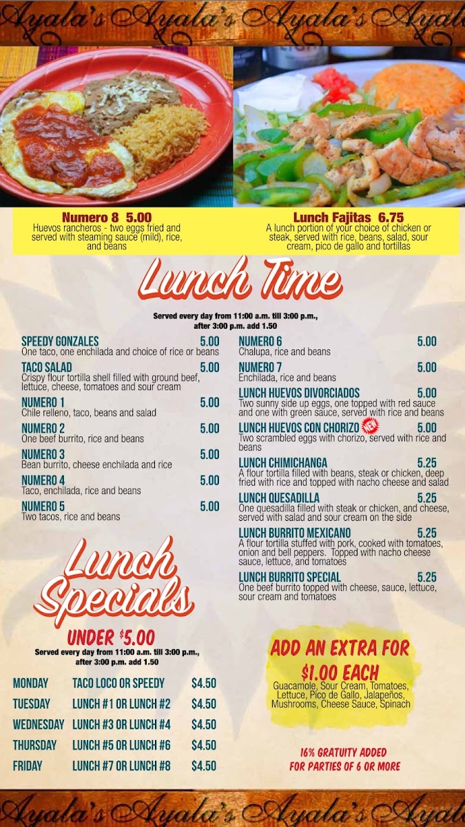 Ayala’s Grill Springcity. TN menu board