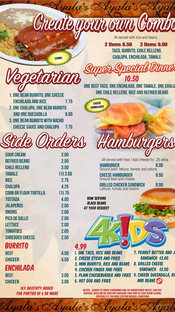 Ayala’s Grill Springcity. TN menu board