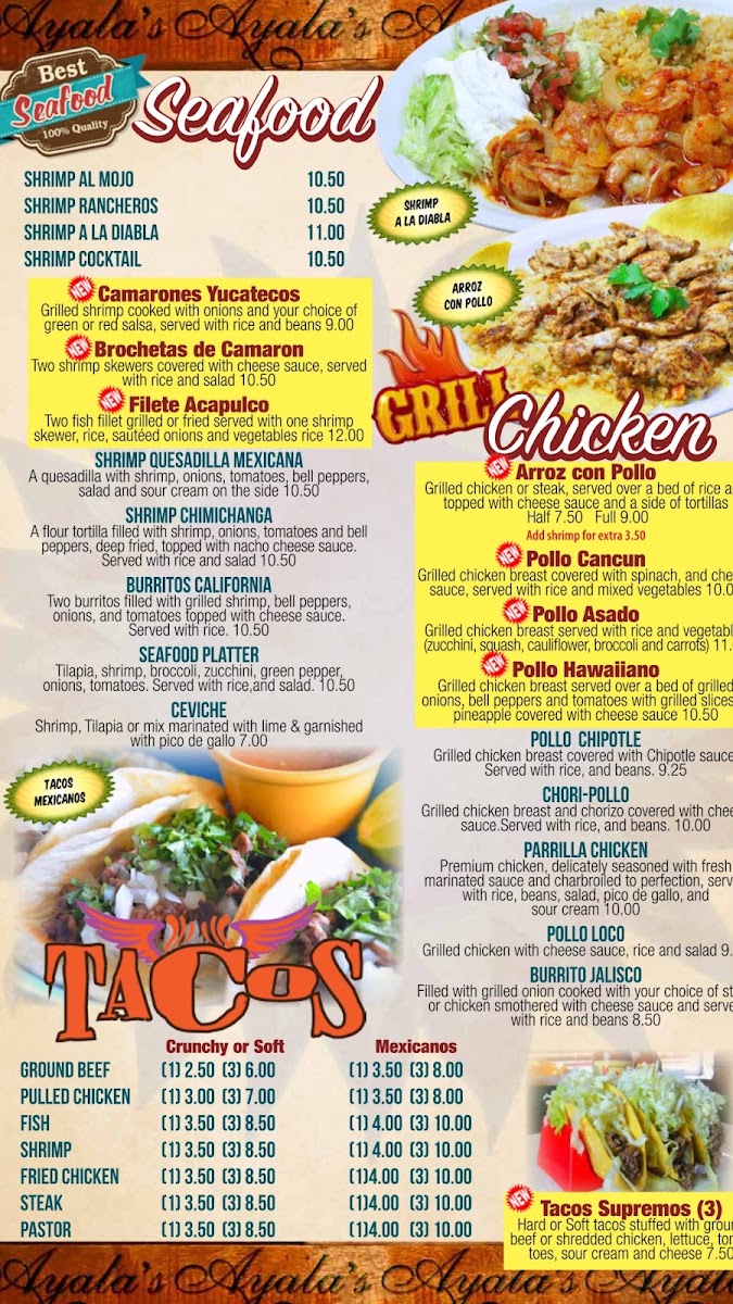 Ayala’s Grill Springcity. TN menu board