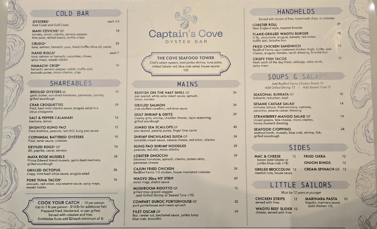 Captains Cove menu board