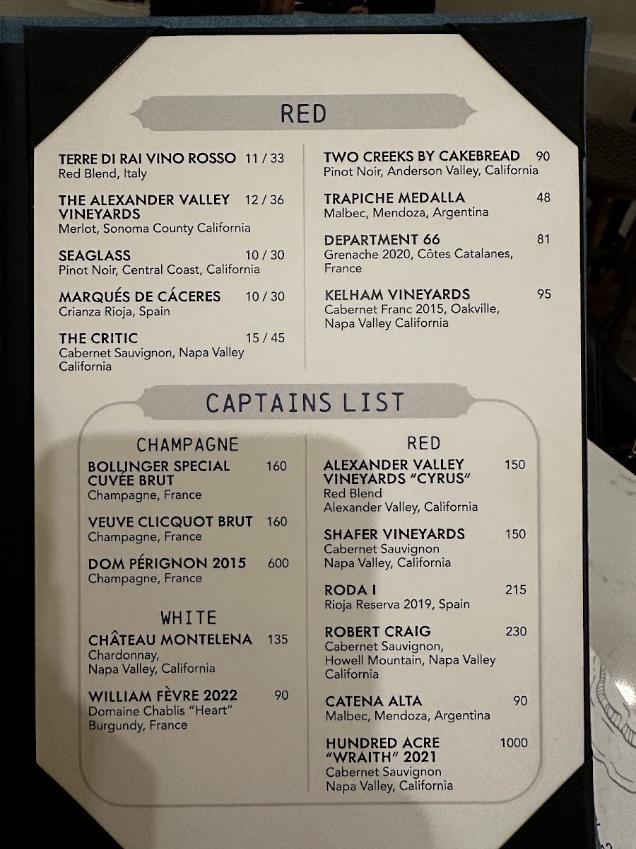 Captains Cove menu board