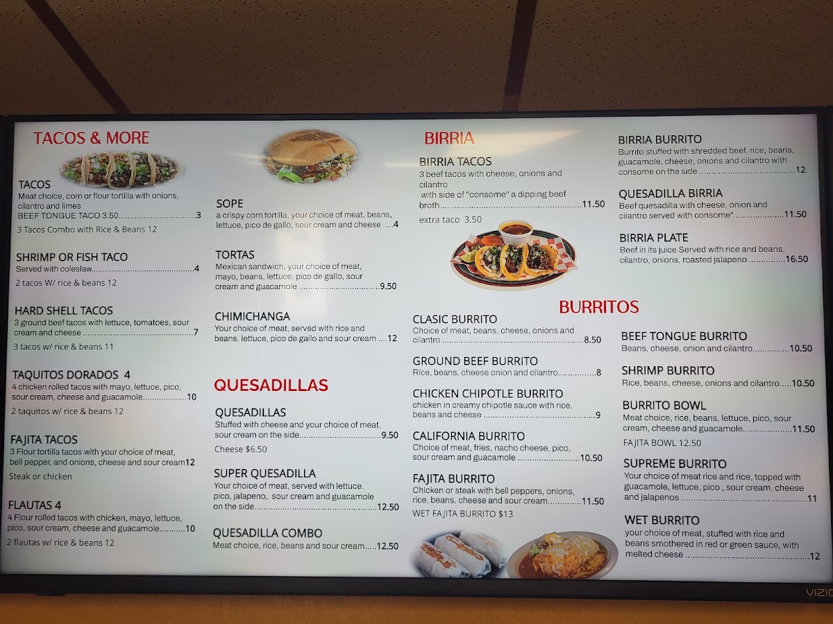 Antigua Taco House menu board