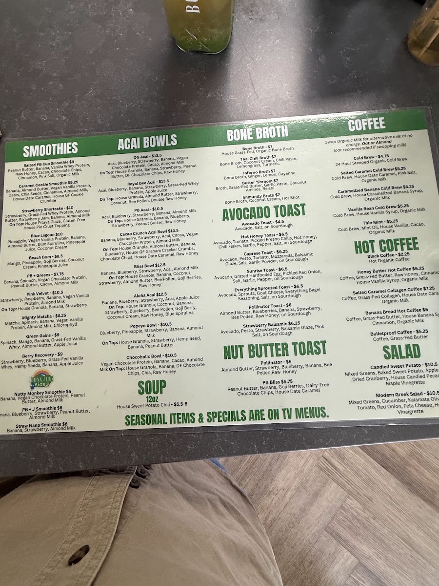 Bona Fide Juicery menu board