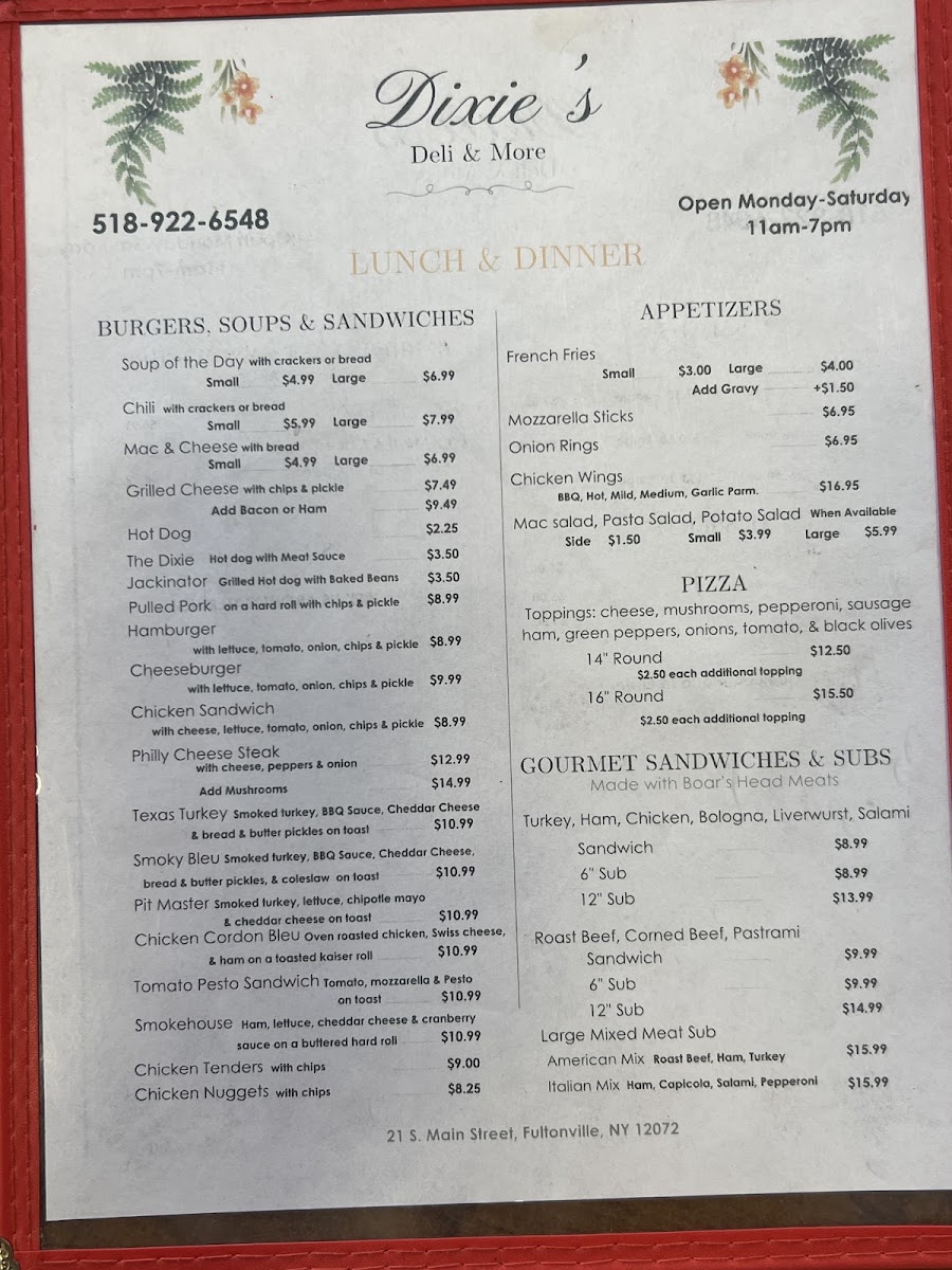 Dixie’s Deli & More menu board