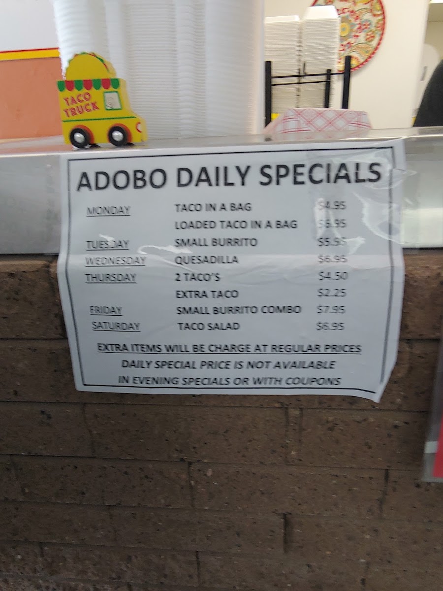 Adobo Burritos menu board