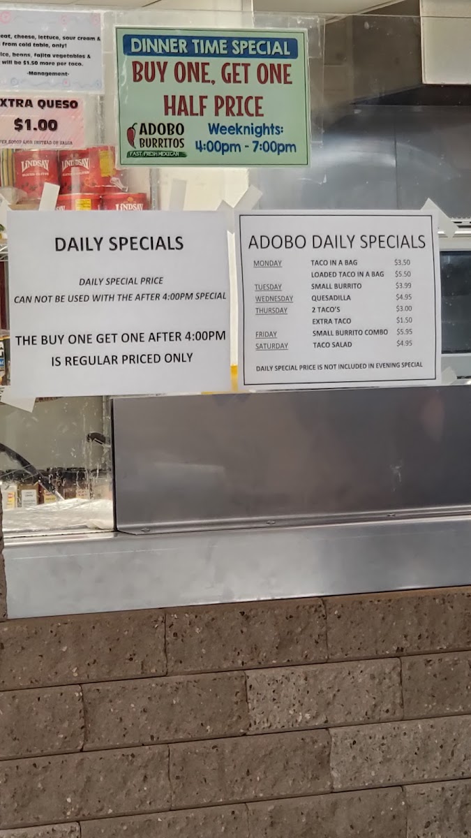Adobo Burritos menu board
