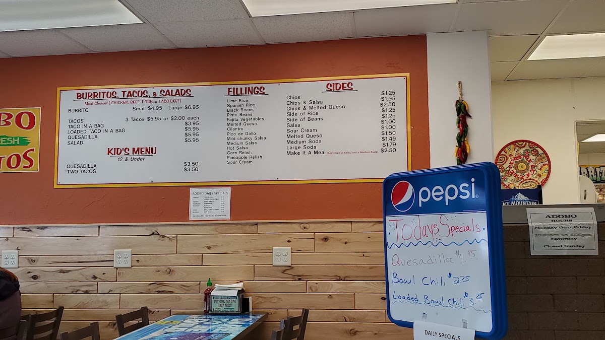 Adobo Burritos menu board