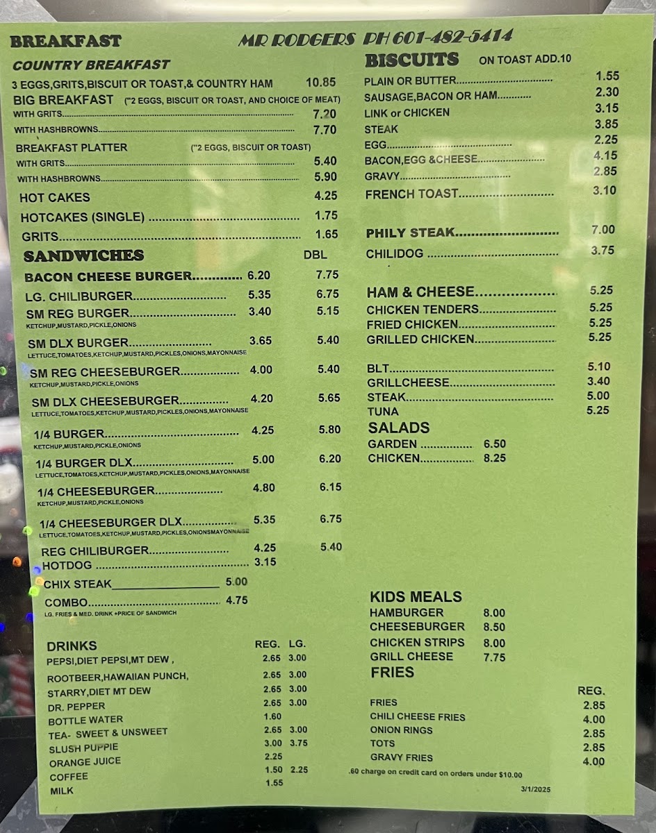 Mr Rodgers Hamburgers menu board