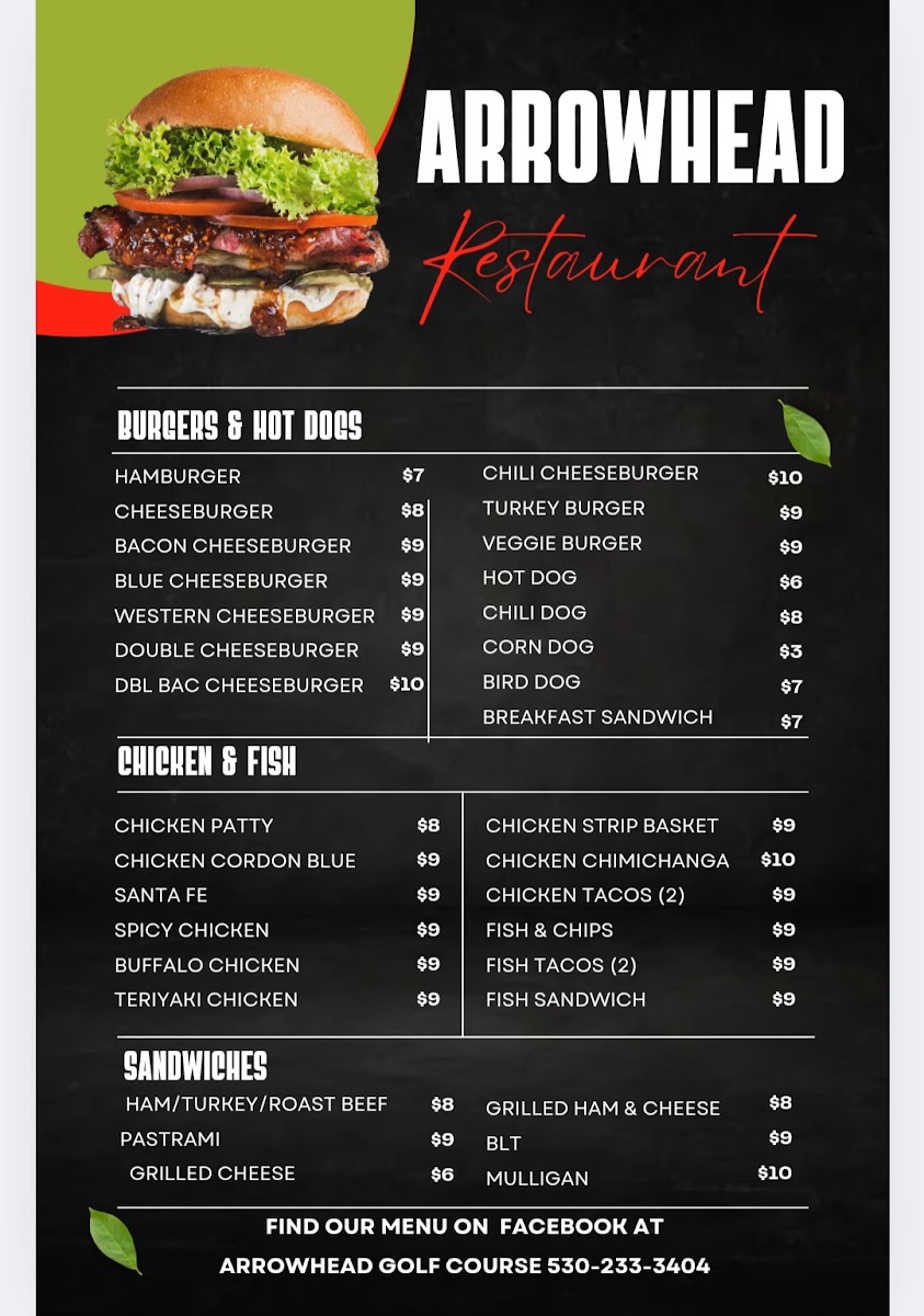 Arrowhead Golf Course & Restaurant menu board