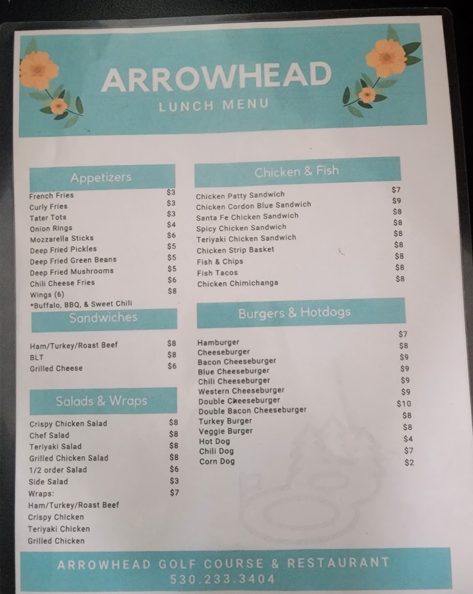 Arrowhead Golf Course & Restaurant menu board