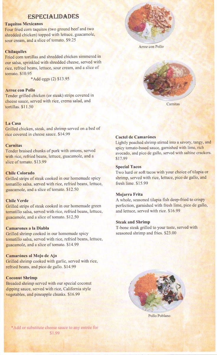 Casa García Mexican Restaurant menu board