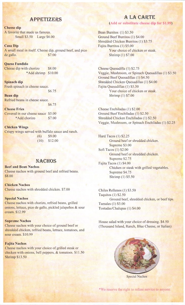 Casa García Mexican Restaurant menu board