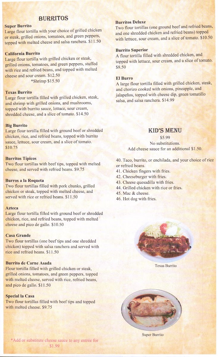 Casa García Mexican Restaurant menu board