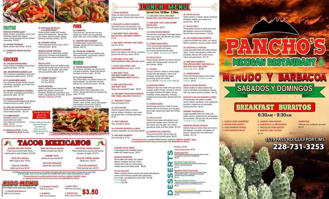 Pancho's | Mexican Restaurant menu board