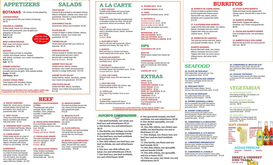 Pancho's | Mexican Restaurant menu board