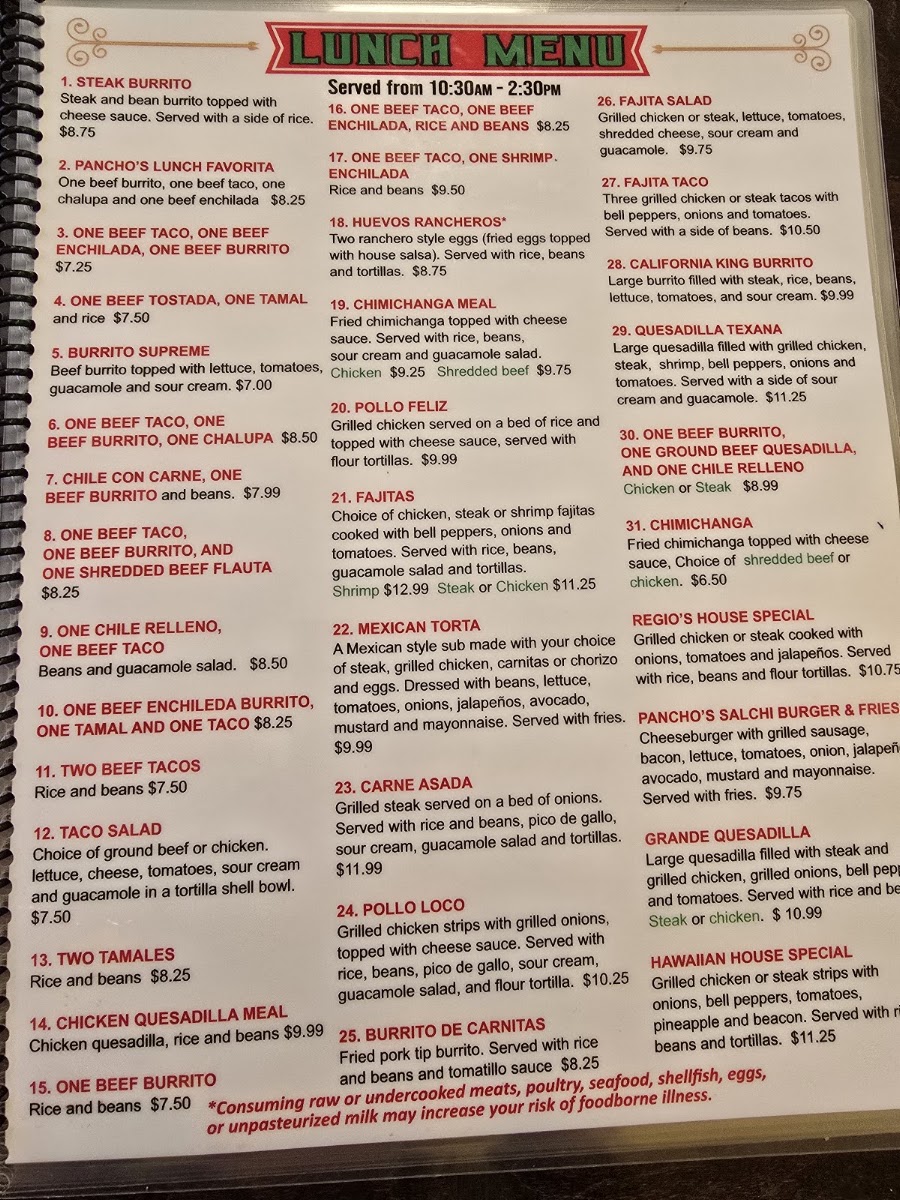 Pancho's | Mexican Restaurant menu board