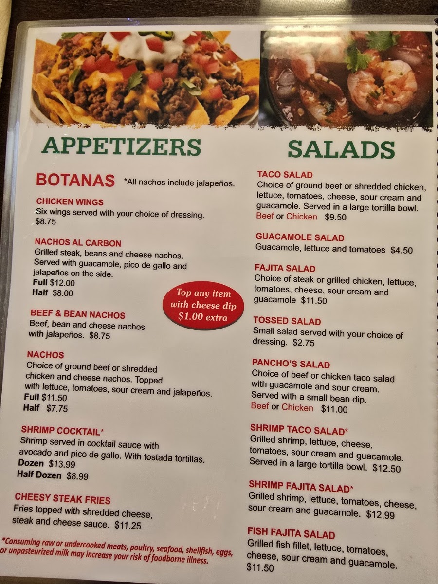 Pancho's | Mexican Restaurant menu board