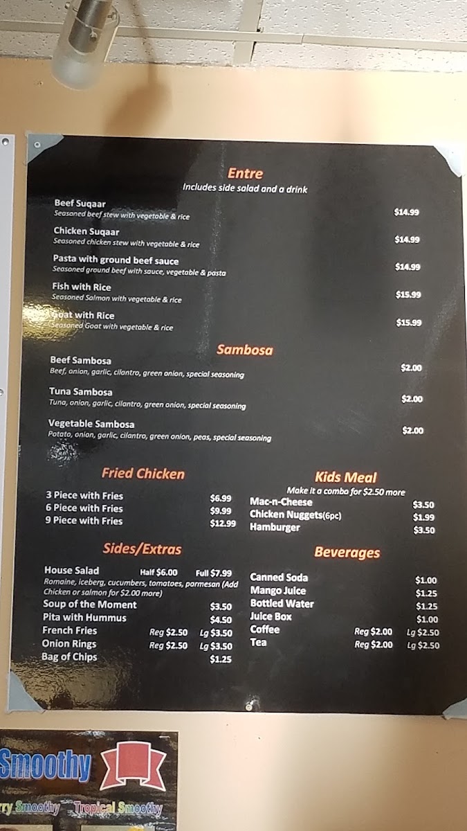 Zongo Link African Restaurant menu board