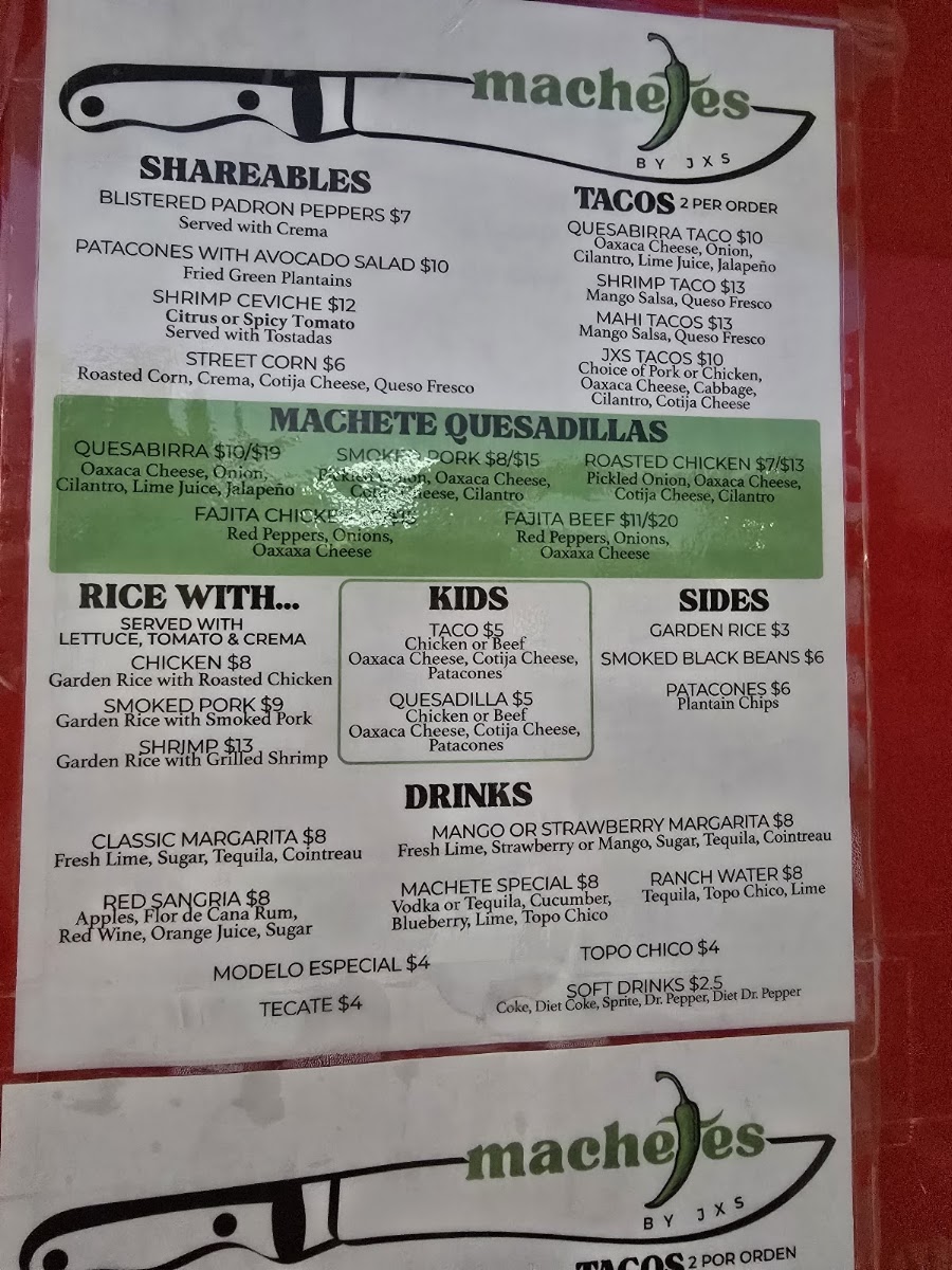 Machete's Central American menu board