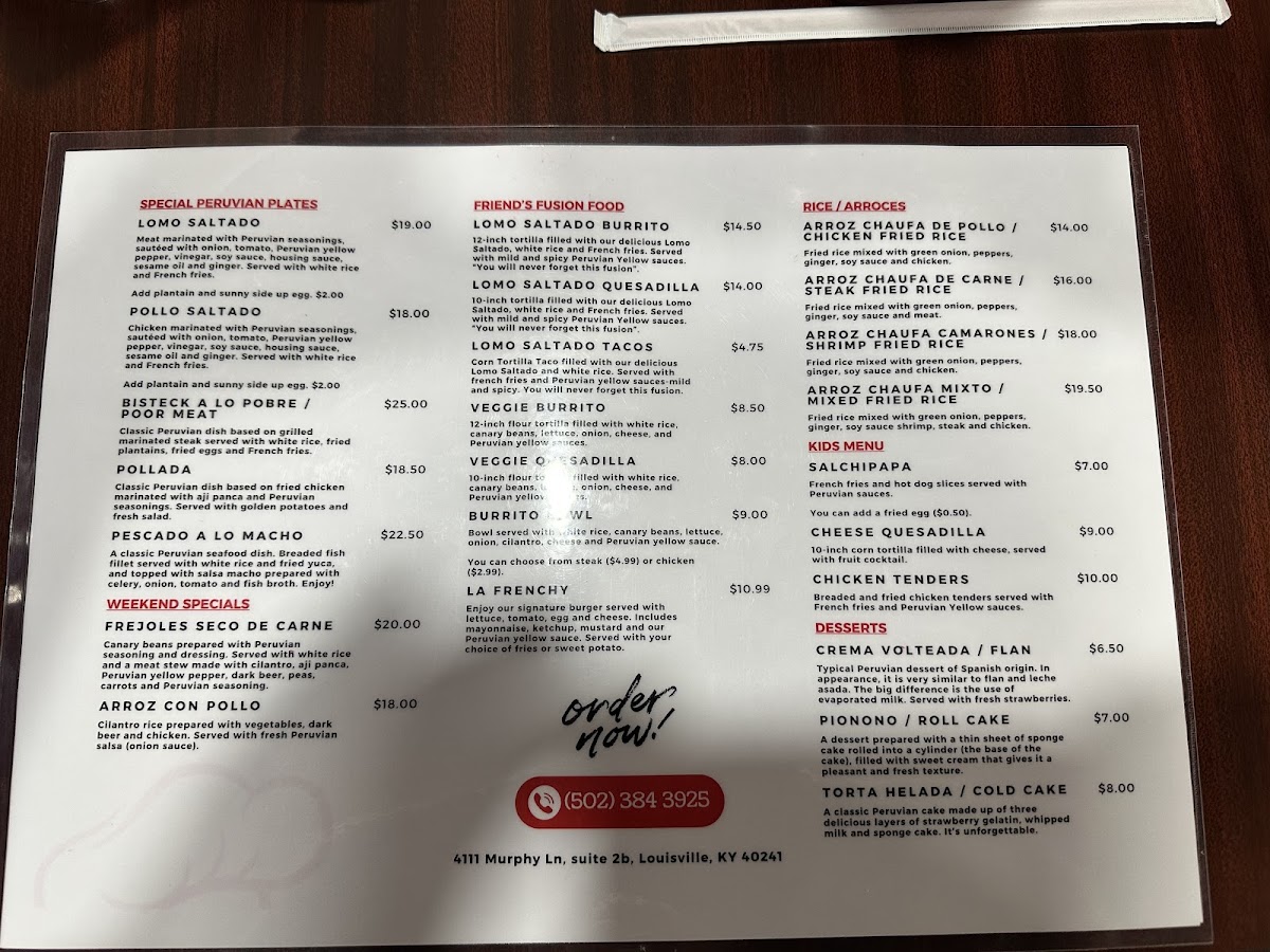 Friends Fusion Food menu board