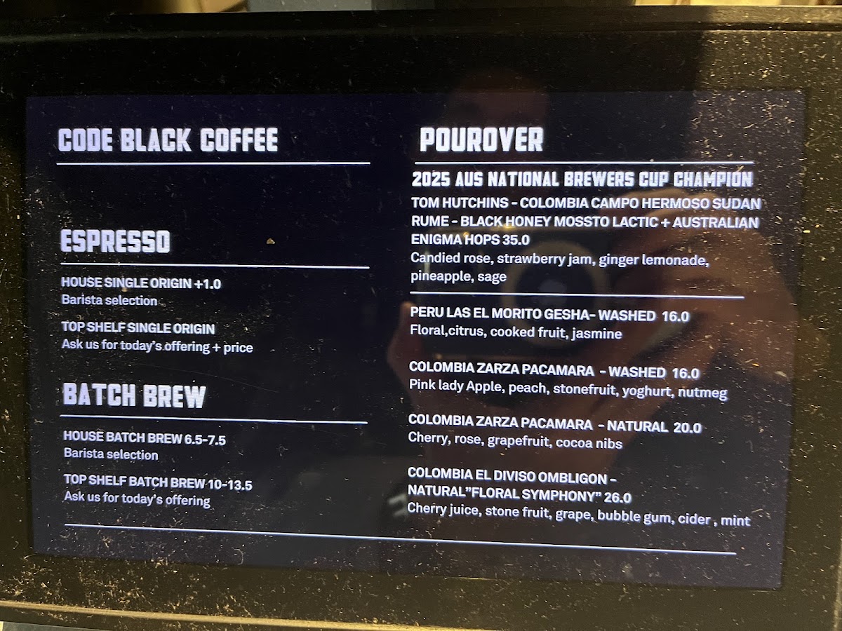 Code Black Coffee Spencer Street menu board