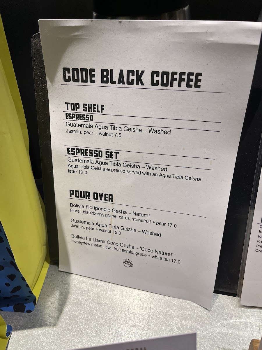 Code Black Coffee Spencer Street menu board