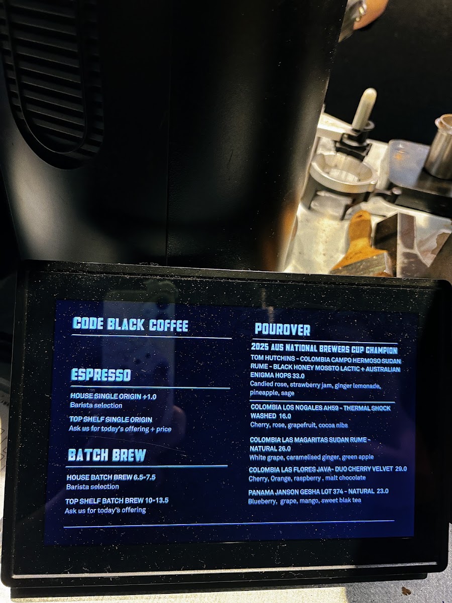 Code Black Coffee Spencer Street menu board