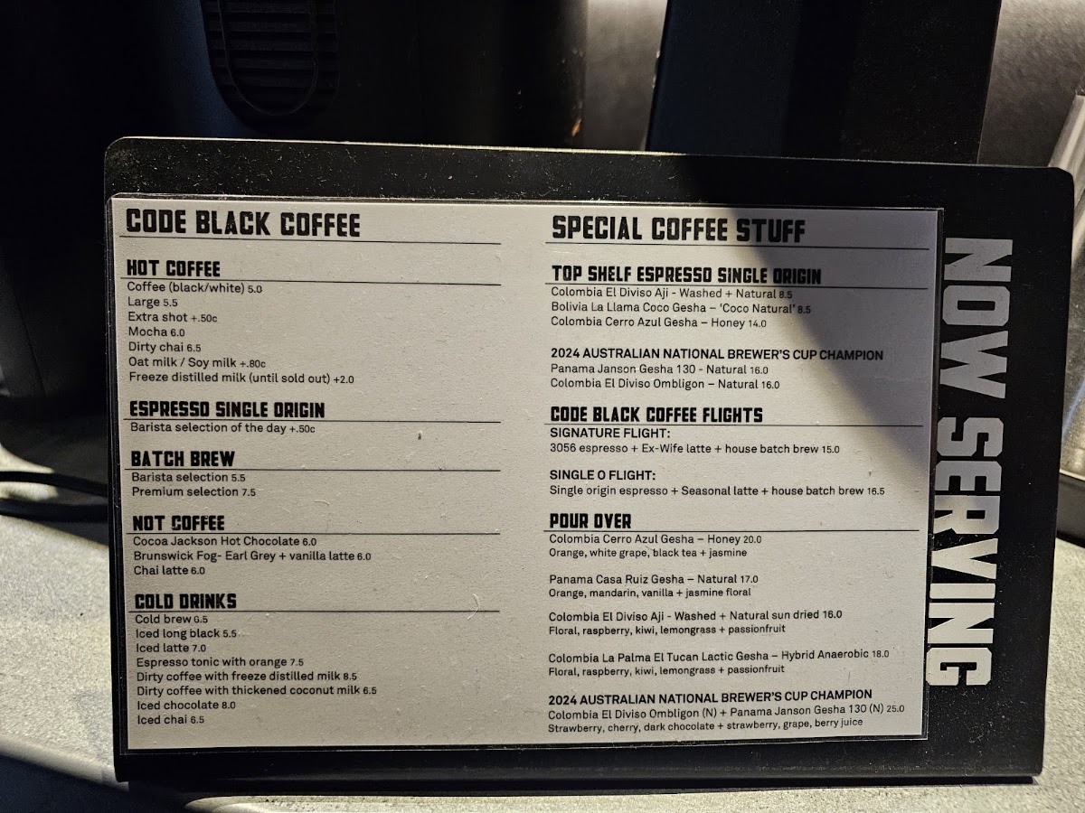 Code Black Coffee Spencer Street menu board