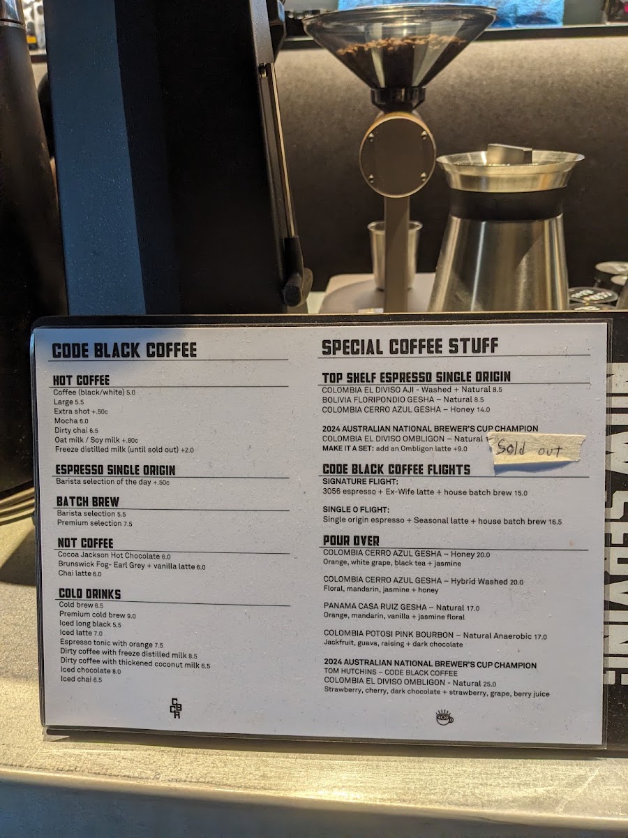 Code Black Coffee Spencer Street menu board