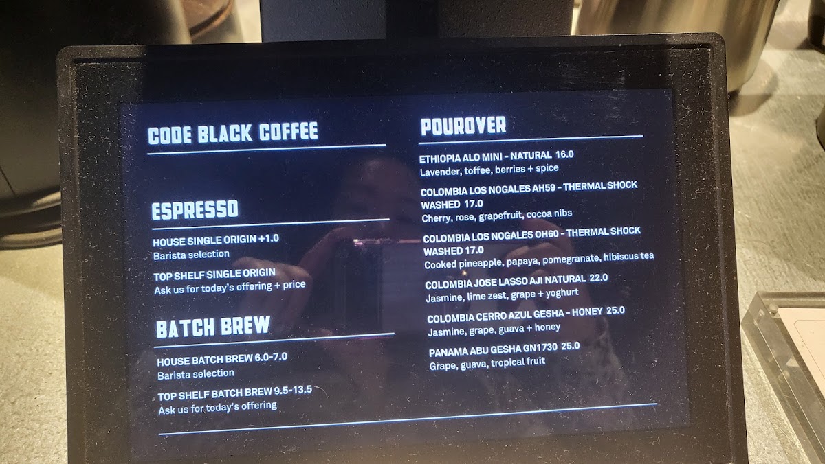 Code Black Coffee Spencer Street menu board