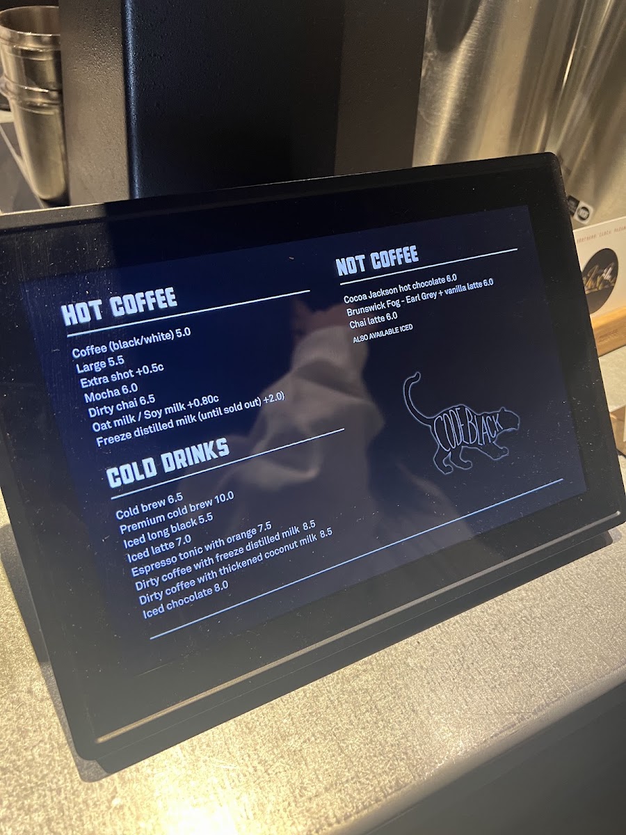 Code Black Coffee Spencer Street menu board