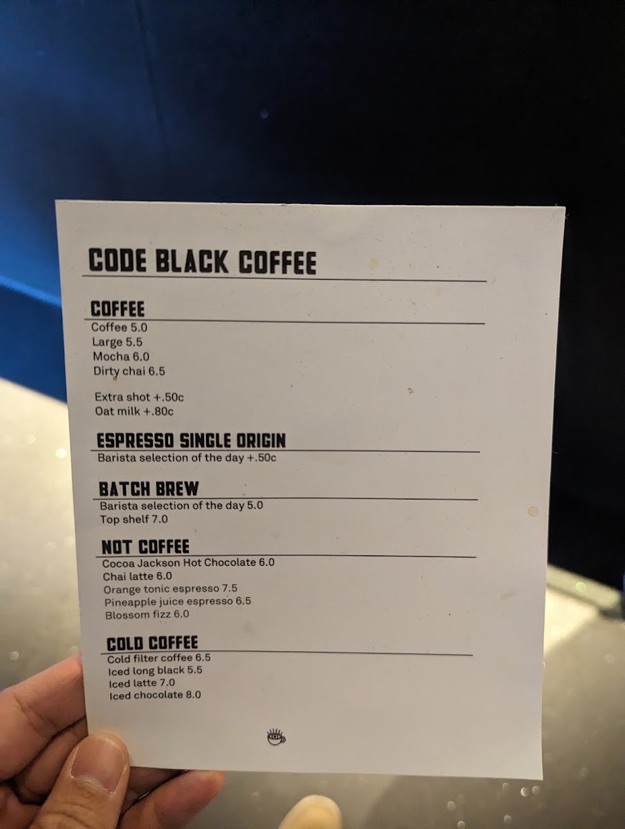 Code Black Coffee Spencer Street menu board