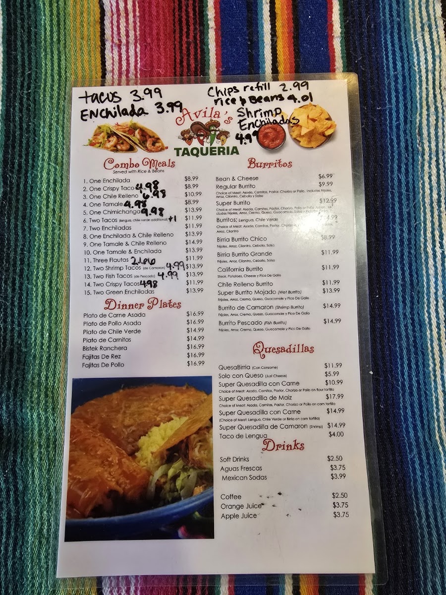 Avila’s Taqueria menu board