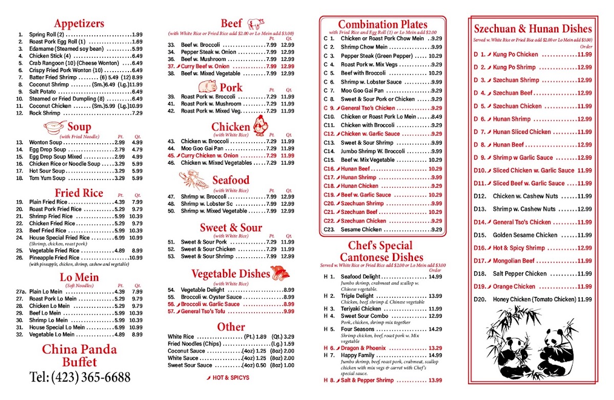 China Panda Buffet menu board