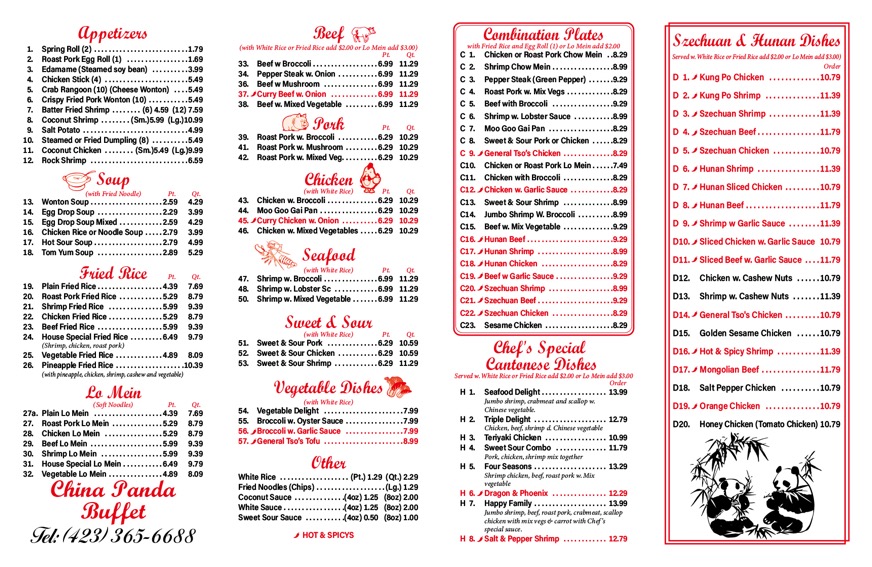 China Panda Buffet menu board
