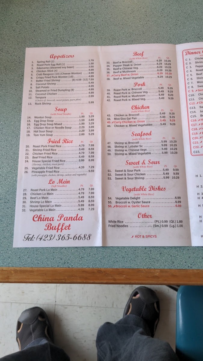 China Panda Buffet menu board