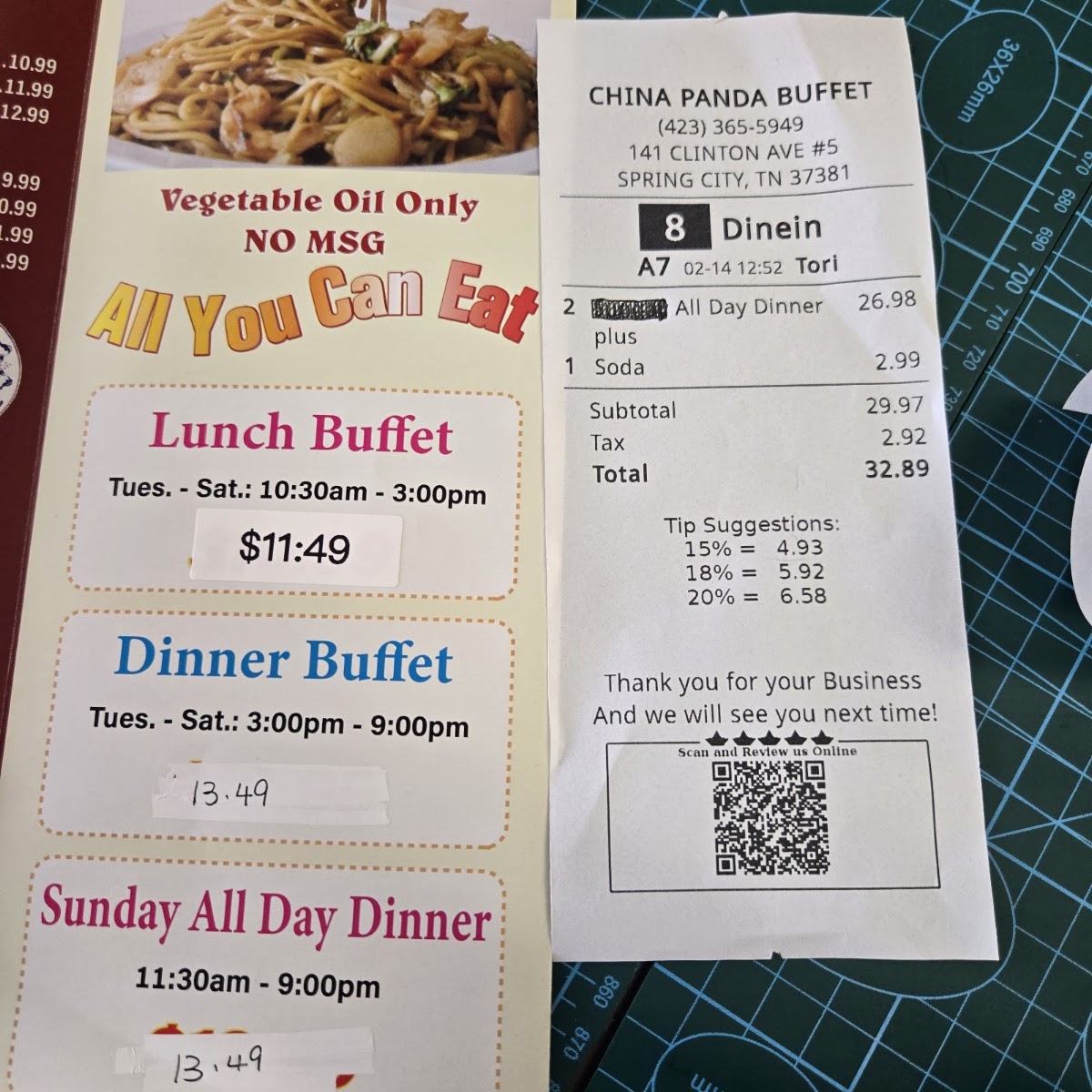 China Panda Buffet menu board