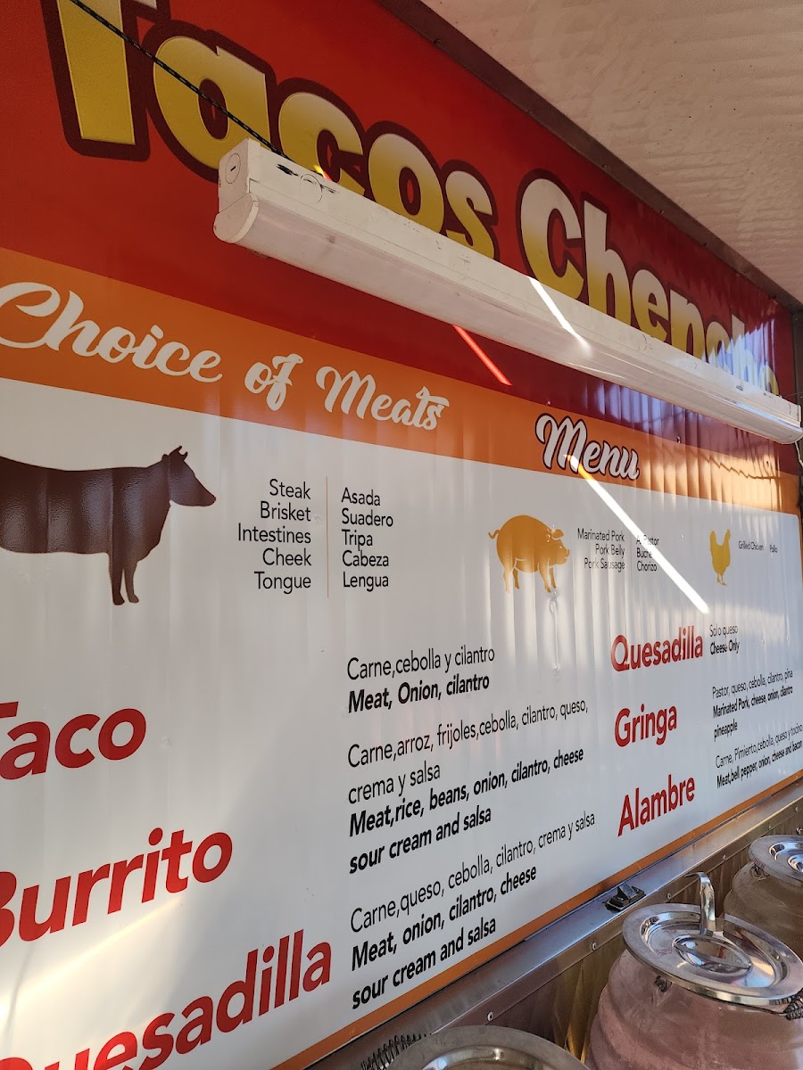 Tacos Chencho menu board