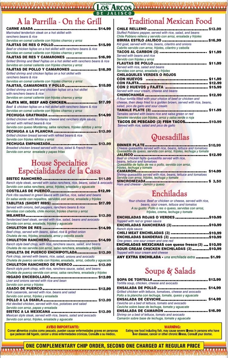 Los Arcos De Jalisco menu board