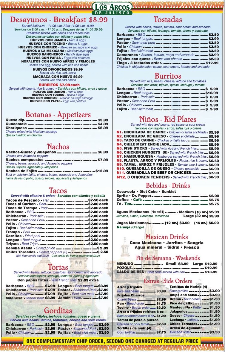 Los Arcos De Jalisco menu board