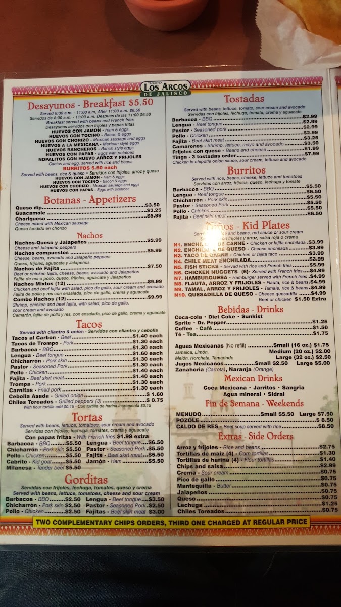Los Arcos De Jalisco menu board